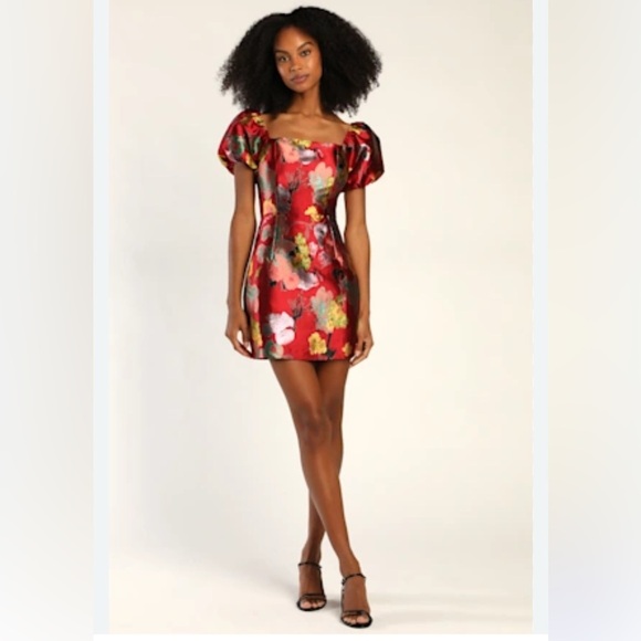 Lulus so stunning mini jacquard floral puff sleeve holiday party wedding dress - Picture 6 of 11